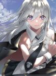  1girl azur_lane belt black_belt black_coat black_neckwear black_skirt breasts coat collared_shirt enterprise_(azur_lane) gold_trim large_breasts long_hair looking_at_viewer miniskirt necktie omoti_0x0 open_clothes open_coat pleated_skirt shirt silver_hair skirt sleeveless sleeveless_shirt smile solo underbust very_long_hair violet_eyes white_shirt 