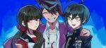  1girl 2boys ahoge bangs black_hair black_jacket blush breast_pocket brown_hair buttons collarbone dangan_ronpa_(series) dangan_ronpa_v3:_killing_harmony deki_(dekiebi) double-breasted eyebrows_visible_through_hair facial_hair fang goatee grin hair_ornament hairclip hand_on_another&#039;s_shoulder harukawa_maki highres jacket low_twintails mole mole_under_eye momota_kaito multiple_boys one_eye_closed open_clothes open_jacket open_shirt pink_jacket pocket print_shirt red_eyes red_scrunchie red_shirt saihara_shuuichi school_uniform scrunchie shirt short_hair smile twintails white_shirt 