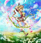  1girl animal_ears aqua_flower blue_sky boots breasts character_request clothing_cutout clouds cloudy_sky covered_nipples flower full_body grass green_eyes green_footwear highres hori_airi looking_at_viewer medium_breasts navel open_mouth orange_flower outdoors petals pink_flower pleated_skirt purple_flower skirt sky solo stomach_cutout tail white_flower white_skirt yellow_flower z/x 