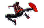  1boy airborne bodysuit chromatic_aberration dan_mora highres kicking looking_down male_focus marvel miles_morales open_hand solo spider-man_(miles_morales) spider-man_(series) superhero white_background white_eyes 