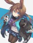  1girl :o amiya_(arknights) animal_ears arknights bangs black_jacket blue_eyes blue_skirt brown_hair coffee coffee_cup cup disposable_cup hair_between_eyes highres holding holding_cup jacket long_hair long_sleeves looking_at_viewer miniskirt open_clothes open_jacket pantyhose plaid plaid_skirt rabbit_ears satou_kibi shoes skirt solo 