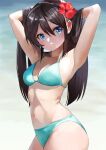  1girl aqua_bikini armpits beach bikini black_hair blue_eyes breasts collarbone commentary_request cowboy_shot flower hair_flower hair_ornament hibiscus highres holding holding_hair long_hair looking_at_viewer medium_breasts navel original solo swimsuit takepon1123 