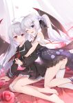  2girls ;) absurdres ahoge arm_support bangs bare_legs bare_shoulders barefoot bat_wings black_dress black_gloves black_ribbon blush breasts character_request copyright_request dress eyebrows_visible_through_hair flower frilled_shirt_collar frills gloves grey_hair hair_ornament hair_ribbon heart heart_hair_ornament highres hug hug_from_behind kneeling leaning_on_person legs long_hair long_sleeves looking_at_viewer medium_breasts multiple_girls one_eye_closed panties pointy_ears red_eyes red_flower red_neckwear red_rose ribbon rose side_ponytail sidelocks single_thighhigh sitting smile somna thigh-highs underwear very_long_hair violet_eyes virtual_youtuber white_legwear white_panties wings yuri 