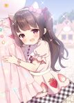  1girl :d animal_ears blurry blurry_background blush bow bracelet brown_hair child chitosezaka_suzu commentary_request day depth_of_field dress fake_animal_ears food_print frills hair_bow hairband jewelry long_hair one_side_up open_mouth original outdoors pearl_bracelet pink_bow pink_dress plaid print_dress puffy_short_sleeves puffy_sleeves red_bow ribbon_trim short_sleeves smile solo sparkle strawberry_print white_hairband 