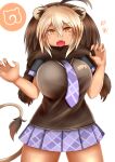  1girl ahoge animal_ears barbary_lion_(kemono_friends) big_hair blonde_hair breasts brown_hair cat_girl claw_pose cowboy_shot daddy_pomgi eyebrows_visible_through_hair fangs fingernails fur_scarf hair_between_eyes hands_up japari_symbol kemono_friends large_breasts lion_ears lion_girl lion_tail miniskirt multicolored_hair necktie open_mouth plaid plaid_neckwear plaid_skirt pleated_skirt scarf sharp_fingernails shirt short_sleeves simple_background skirt solo sweater_vest tail tan two-tone_hair upper_teeth v-shaped_eyebrows white_background yellow_eyes 