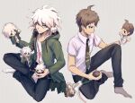  2boys absurdres ahoge aji_kosugi black_pants breast_pocket brown_hair button_eyes chain coat collarbone commentary_request dangan_ronpa_(series) dangan_ronpa_2:_goodbye_despair dangan_ronpa_another_episode:_ultra_despair_girls doll green_coat green_neckwear grey_background grey_hair grey_legwear halftone halftone_background highres hinata_hajime holding holding_doll identity_v indian_style knee_up komaeda_nagito long_sleeves male_focus messy_hair multiple_boys necktie no_shoes open_clothes open_coat open_mouth pants pocket print_shirt shirt short_hair short_sleeves sitting socks white_hair white_legwear white_shirt 