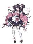  1girl alternate_costume black_hair blue_archive dango enmaided food hair_ornament highres japanese_clothes kimono long_sleeves looking_at_viewer maid maid_headdress riinougat shizuko_(blue_archive) simple_background solo thigh-highs violet_eyes wa_maid wagashi white_background white_hair 