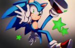  1boy animal_ears animal_nose blue_fur flying furry furry_male gloves gradient_background green_eyes grey_background hands_up hedgehog hedgehog_ears hedgehog_tail highres icen-hk legs_up looking_at_viewer male_focus red_footwear shoes smile sneakers socks solo sonic_(series) sonic_the_hedgehog star_(symbol) tail teeth white_background white_gloves white_socks 