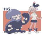  1girl bangs bea_(pokemon) black_hairband black_skirt bow_hairband clenched_hands closed_mouth collared_shirt gen_8_pokemon grapploct grey_eyes grey_hair hair_between_eyes hairband looking_at_another number official_alternate_costume pleated_skirt pokemon pokemon_(creature) pokemon_(game) pokemon_swsh polo_shirt school_uniform shiroimoufu shirt shoes short_hair short_sleeves skirt smile standing symbol_commentary white_footwear white_shirt 