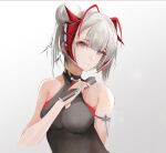  1girl antennae arknights bangs bare_arms bare_shoulders breasts chitangbujiayan commentary fan folding_fan gradient gradient_background grey_background grey_eyes hair_bun hand_up head_tilt highres holding holding_fan horns looking_at_viewer short_hair silver_hair sleeveless small_breasts solo upper_body w_(arknights) 
