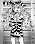  1girl absurdres anger_vein angry animal_ears bangs chain clenched_hands cuffs eyebrows_behind_hair greyscale handcuffs head_tilt highres hololive longlong_(drasdr7513) looking_at_viewer monochrome mugshot no_pants open_mouth prison_clothes rabbit_ears rabbit_girl shirt solo striped striped_headwear striped_shirt textless twintails usada_pekora virtual_youtuber 