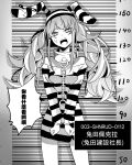 1girl absurdres anger_vein angry animal_ears bangs chain character_name clenched_hands cuffs eyebrows_behind_hair greyscale handcuffs head_tilt highres hololive longlong_(drasdr7513) looking_at_viewer monochrome mugshot no_pants open_mouth prison_clothes rabbit_ears rabbit_girl shirt solo speech_bubble striped striped_headwear striped_shirt translation_request twintails usada_pekora virtual_youtuber 