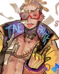  1boy \m/ absurdres apex_legends bare_pecs blonde_hair brown_eyes chain chest_tattoo cornrows crypto_(apex_legends) ear_piercing fashion gold_chain highres hype_beast_crypto jacket kawaniwa looking_at_viewer male_focus money open_clothes open_jacket piercing solo sunglasses tattoo tied_hair tongue tongue_out undercut yellow_jacket 