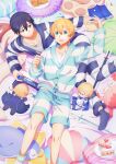  2boys bed black_eyes black_hair blonde_hair blue_cape blue_pajamas book cake cape capri_pants eugeo fcc food green_eyes highres kirito multiple_boys pajamas pants pillow shirt short_hair shorts sleepwear smile socks stuffed_toy sword_art_online sword_art_online:_alicization white_shirt 