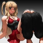  1girl absurdres amane_misa bangs bare_shoulders black_eyes blonde_hair breasts choker death_note fishnets highres knees_up long_hair medium_breasts ryofux side_ponytail solo tongue tongue_out 