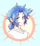  1boy bangs blue-haired_boy_(how_to_draw_manga) blue_background blue_eyes blue_hair blue_theme blush closed_mouth commentary derivative_work dragondoggo english_commentary eyebrows_visible_through_hair face forehead hair_intakes hair_tie happy how_to_draw_manga light_blush looking_at_viewer male_focus medium_hair ponytail shirt sidelocks simple_background smile solo tied_hair upper_body white_shirt 