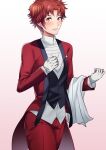  1girl alternate_costume ameno_(a_meno0) blush butler fire_emblem fire_emblem_awakening formal gloves long_sleeves looking_at_viewer nervous red_eyes redhead short_hair simple_background solo suit sully_(fire_emblem) sweat sweatdrop 