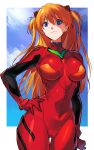  1girl bangs blue_eyes breasts closed_mouth commentary_request eyebrows_visible_through_hair hand_on_hip highres long_hair medium_breasts negresco neon_genesis_evangelion orange_hair plugsuit shikinami_asuka_langley smile solo souryuu_asuka_langley 
