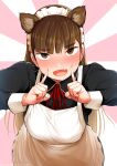  1girl animal_ears apron bangs blunt_bangs blurry blush breasts brown_eyes brown_hair depth_of_field dot_nose eyebrows_visible_through_hair fang head_tilt highres kumaneko long_hair long_sleeves looking_at_viewer maid maid_headdress original solo sweat tsurime whiskers wing_collar 