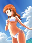  1girl bangs bikini blue_sky blunt_bangs blush breasts closed_mouth clouds cloudy_sky commentary_request cowboy_shot doutanuki dutch_angle eyebrows_visible_through_hair girls_und_panzer hand_on_own_chest highres horizon light_smile long_hair looking_at_viewer medium_breasts navel ocean orange_eyes orange_hair outdoors partial_commentary side-tie_bikini sky solo standing string_bikini sweatdrop swimsuit takebe_saori wading white_bikini 