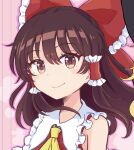  1girl ascot bangs bare_shoulders bow breasts brown_eyes brown_hair closed_mouth commentary_request eyebrows_visible_through_hair face frilled_bow frilled_hair_tubes frilled_shirt_collar frills hair_between_eyes hair_bow hair_tubes hakurei_reimu haruki_reimari highres long_hair outline pink_background red_bow red_vest sidelocks small_breasts smile solo touhou vest yellow_neckwear 