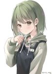  absurdres apron arm_up black_apron blush collarbone eyebrows_visible_through_hair green_eyes green_hair grey_background grey_hoodie hand_to_own_mouth highres hood hoodie idolmaster idolmaster_shiny_colors long_sleeves looking_at_viewer looking_to_the_side name_tag nanakusa_nichika rits_(apud8788) simple_background smile twitter_username upper_body 