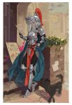  1girl armor armored_boots blue_cape boots breastplate building cape dog helmet holding holding_paper leaning_back looking_at_object original paper pauldrons plume red_tabard shoulder_armor sidelocks silver_hair sssttt stairs standing vambraces 
