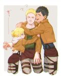  1girl 2boys ? annie_leonhardt belt bertolt_hoover black_hair blonde_hair blue_eyes blue_shirt blush cropped_legs green_shirt highres hood hug looking_at_viewer meipu_hm military military_uniform multiple_boys pants reiner_braun serious shingeki_no_kyojin shirt short_hair simple_background survey_corps survey_corps_(emblem) suspenders thigh_strap uniform yellow_eyes 