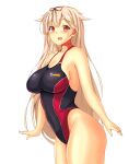  1girl black_ribbon black_swimsuit breasts collarbone competition_swimsuit cowboy_shot hair_flaps hair_ornament hair_ribbon hairclip highleg highleg_swimsuit highres impossible_clothes impossible_swimsuit kantai_collection large_breasts long_hair looking_at_viewer montemasa one-piece_swimsuit red_eyes remodel_(kantai_collection) ribbon simple_background smile solo swimsuit white_background yuudachi_(kancolle) 