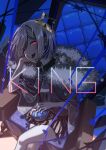  1girl amane_kanata angel asymmetrical_hair bangs barbed_wire black_collar black_nails bob_cut chair coat collar colored_inner_hair commentary crown crown_removed eyebrows_visible_through_hair fur-trimmed_coat fur_trim halo highres holding holding_crown hololive king_(vocaloid) looking_at_viewer multicolored_hair nail_polish ooyama_ryou open_mouth red_eyes single_hair_intake sitting smile solo song_name star_halo teeth throne virtual_youtuber 
