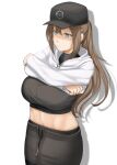  1girl aqua_eyes breasts brown_hair chiyo_goya dima_(girls_frontline) genderswap genderswap_(mtf) girls_frontline high_ponytail highres large_breasts long_hair pantyhose sidelocks sweat very_long_hair 