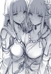  2girls :q absurdres asymmetrical_docking bangs blunt_bangs breast_press breasts closed_mouth english_commentary eyebrows_visible_through_hair hair_ornament hews highres hinoa long_hair looking_at_viewer medium_breasts minoto monochrome monster_hunter_(series) monster_hunter_rise multiple_girls pointy_ears siblings simple_background sisters sketch smile tongue tongue_out white_background 