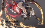  absurdres arknights bare_shoulders demon_girl demon_horns dress fire highres holding holding_weapon horns kneehighs long_hair looking_ahead surtr_(arknights) sword thigh-highs violet_eyes weapon zinz 