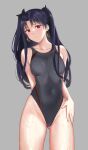  1girl arm_behind_back black_hair black_swimsuit breasts collarbone competition_swimsuit covered_navel cowboy_shot earrings fate/grand_order fate_(series) grey_background highleg highleg_swimsuit highres hoop_earrings ishtar_(fate) ishtar_(fate)_(all) jewelry looking_at_viewer one-piece_swimsuit red_eyes ryudraw simple_background small_breasts solo standing swimsuit two_side_up 