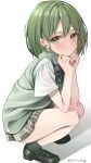 1girl absurdres bangs bare_legs black_footwear black_legwear blush bow bowtie closed_mouth elbows_on_knees expressionless full_body green_eyes green_hair grey_background hands_on_own_cheeks hands_on_own_face highres idolmaster idolmaster_shiny_colors looking_at_viewer looking_to_the_side nanakusa_nichika plaid plaid_skirt pleated_skirt rits_(apud8788) school_uniform shadow short_hair short_sleeves simple_background skirt solo squatting striped striped_bow thighs vest 