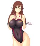  1girl bangs black_swimsuit braid breasts brown_hair competition_swimsuit cowboy_shot dated green_eyes highleg highleg_swimsuit highres impossible_clothes impossible_swimsuit kantai_collection large_breasts looking_at_viewer montemasa noshiro_(kancolle) one-piece_swimsuit simple_background solo swept_bangs swimsuit twin_braids twitter_username two-tone_swimsuit white_background 