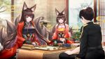  1boy 2girls :d amagi_(azur_lane) animal_ears azur_lane bangs black_gloves black_hair blunt_bangs blurry board_game choker commander_(azur_lane) commentary_request depth_of_field explosive eyebrows_visible_through_hair eyeshadow fingerless_gloves fox_ears fox_girl fox_tail gloves hair_ornament hat hat_removed headwear_removed highres japanese_clothes kimono kyuubi long_hair looking_at_viewer makeup mine_(weapon) mother_and_daughter multiple_girls multiple_tails naval_mine obi open_mouth original peaked_cap sash short_hair shougi sidelocks smile stardust_(chen&#039;ai_weiding) tail thick_eyebrows violet_eyes wide_sleeves 