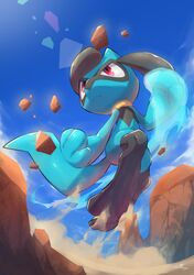  absurdres closed_mouth clouds commentary day energy from_below gen_4_pokemon highres looking_up nullma outdoors pokemon pokemon_(creature) red_eyes riolu rock sand sky solo 