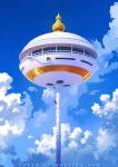  1boy black_hair blue_sky climbing clouds cloudy_sky commentary dome dragon_ball highres korin_tower sky son_goku stairs sylvain_sarrailh tagme tower watermark web_address 