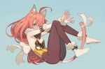  1girl ahoge animal_ears aqua_eyes armpits bare_shoulders bow bowtie breasts brown_legwear cat_ears cat_girl cat_tail check_copyright copyright_request covering_mouth detached_sleeves feet fur_collar highleg highleg_leotard hks_(timbougami) knees_up leotard long_hair long_sleeves looking_at_viewer no_bra orange_hair original outstretched_arms pantyhose ribbon small_breasts solo strapless strapless_leotard tail tail_ornament tail_ribbon yellow_leotard 