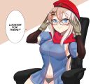  1girl 9a-91_(girls_frontline) abineko beige_gloves beret bespectacled black-framed_eyewear black_panties blue_dress blue_eyes chair dress english_text eyebrows eyebrows_visible_through_hair girls_frontline glasses gloves hair_ornament hat highres long_hair low_twintails navel panties red_headwear red_scarf scarf sitting smile speech_bubble star_(symbol) star_hair_ornament underwear white_hair 