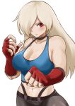  1girl albina bare_shoulders belt belt_buckle black_choker blue_tank_top breasts buckle choker clenched_hand closed_mouth collarbone commentary_request commission fighting_stance fingerless_gloves gloves hair_over_one_eye highres knbd light_blush long_hair midriff navel pixiv_request platinum_blonde_hair red_eyes red_gloves serious simple_background solo tank_top the_king_of_fighters upper_body white_background 