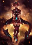  1girl bangs breasts chest_jewel fingerless_gloves floating full_body gem gloves headpiece looking_at_viewer medium_breasts phamoz pyra_(xenoblade) red_eyes red_gloves red_legwear red_shorts redhead short_hair short_shorts shorts swept_bangs thigh-highs tiara xenoblade_chronicles_(series) xenoblade_chronicles_2 