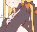  1girl abigail_williams_(fate) black_bow black_dress blonde_hair blush bow closed_mouth dress fate/grand_order fate_(series) fingernails hand_up head_out_of_frame long_hair long_sleeves orange_bow signature simple_background smile sofra solo twitter_username very_long_hair white_background 