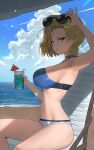  1girl android_18 armpits beach bikini blonde_hair blue_bikini blue_eyes blue_sky breasts choker clouds cup dragon_ball drinking_glass drinking_straw earrings eyewear_on_head highres hood_(james_x) jewelry looking_at_viewer navel ocean short_hair sitting sky solo sunglasses swimsuit 