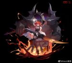  1girl arknights bare_shoulders demon demon_girl demon_horns dress horns kevin_krypton kneehighs long_hair looking_at_viewer molten_rock redhead solo surtr_(arknights) sword weapon 