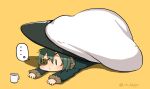  ... 1girl chibi commentary_request cup eyepatch fairy_(kancolle) green_hair hat kantai_collection kiso_(kancolle) lying mug on_stomach solid_oval_eyes solo spoken_ellipsis takasugi_heppu twitter_username 