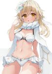  1girl :o bikini blonde_hair blush breasts commentary_request eyebrows_visible_through_hair genshin_impact highres long_hair looking_at_viewer lumine_(genshin_impact) manyou medium_breasts scarf simple_background solo swimsuit thighs white_background white_bikini white_scarf yellow_eyes 