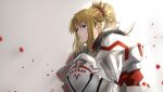  1girl armor blonde_hair braid fate/grand_order fate_(series) french_braid from_side green_eyes hair_ornament hair_scrunchie juliet_sleeves kdm_(ke_dama) long_sleeves mordred_(fate) mordred_(fate)_(all) parted_lips pauldrons ponytail puffy_sleeves red_scrunchie scrunchie shoulder_armor solo upper_body 