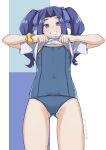  1girl arms_up ass_visible_through_thighs blue_swimsuit blush clothes_lift grin hair_intakes highres lifted_by_self lips long_hair melty_q_melromarc nekokyun no_pants one-piece_swimsuit purple_hair ribbon school_swimsuit scrunchie shirt shirt_lift short_sleeves smile solo swimsuit swimsuit_under_clothes tate_no_yuusha_no_nariagari thighs twintails violet_eyes white_shirt wrist_scrunchie 